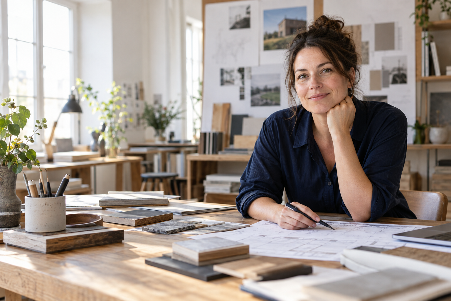Unternehmerin am Arbeitstisch in einem hellen Designstudio